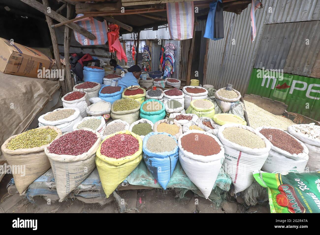 Grain and bean stalls at a local market
